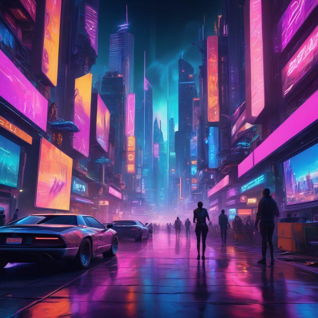 A dynamic and exciting scene with various digital entertainment elements like TVs, streaming devices, and popular web show icons blending seamlessly. Energetic people enjoying shows on different devices, overflowing with joy, and a futuristic cityscape in the background symbolizing a digital universe. Vibrant and neon colors. 3D. cyberpunk.