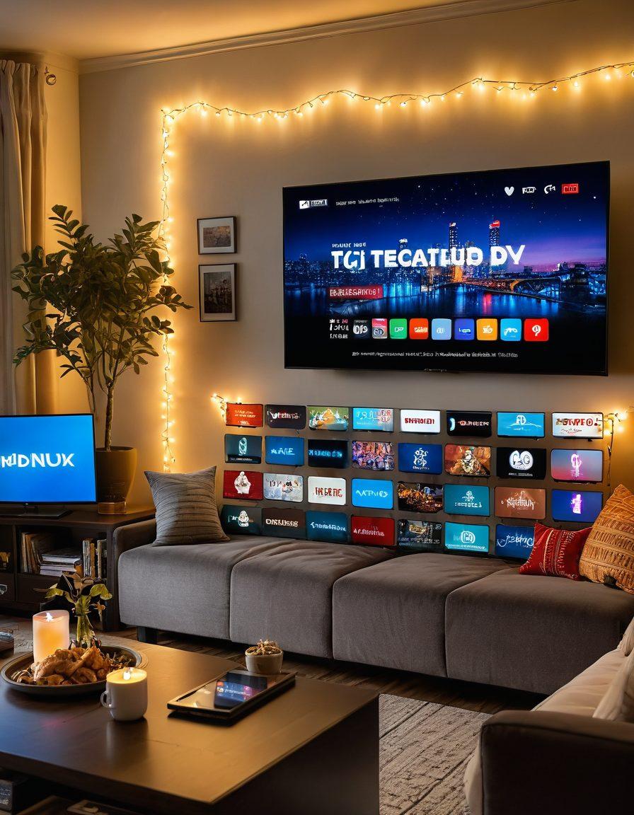 A cozy living room setting with a smart TV displaying various web series thumbnails, a plush couch with people lounging and enjoying snacks, featuring glowing string lights for ambiance and a pile of cozy blankets. The TV screen shows tantalizing titles with TAI in bold letters. super-realistic. vibrant colors. warm lighting.