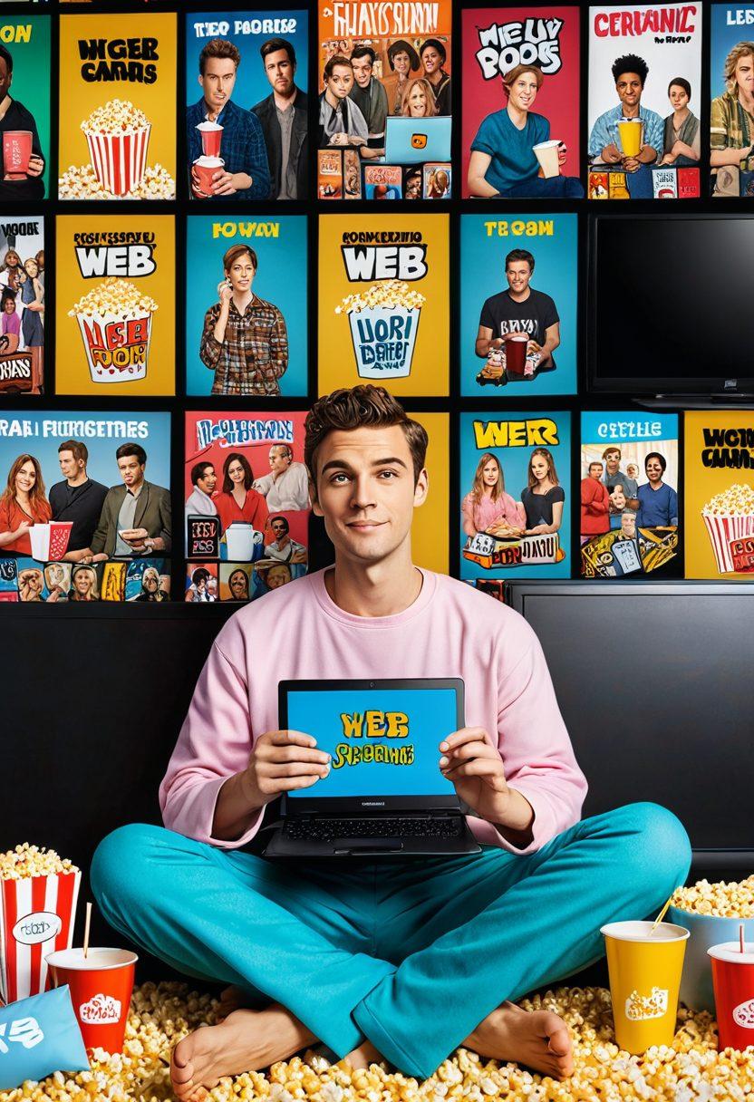 A vibrant collage of laptop and TV screens displaying dynamic scenes from various web series, popcorn and drinks scattered around, a relaxed person in pajamas with a remote in hand, colorful posters of web series on the wall in the background, blending action, drama, and comedy genres. vibrant colors. super-realistic.